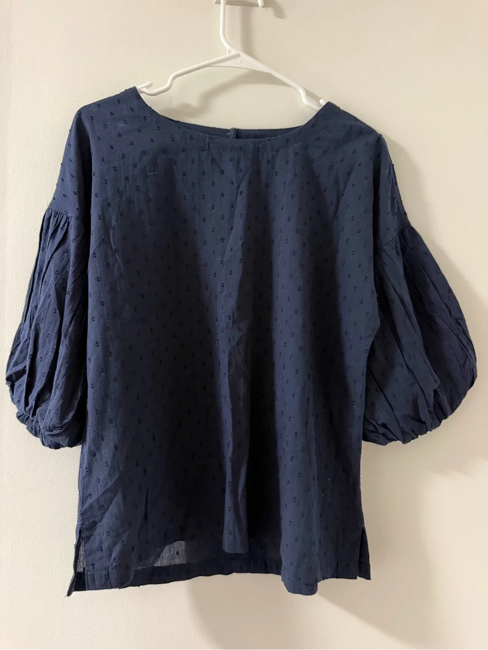 LOFT Navy Textured Puff-Sleeve Blouse